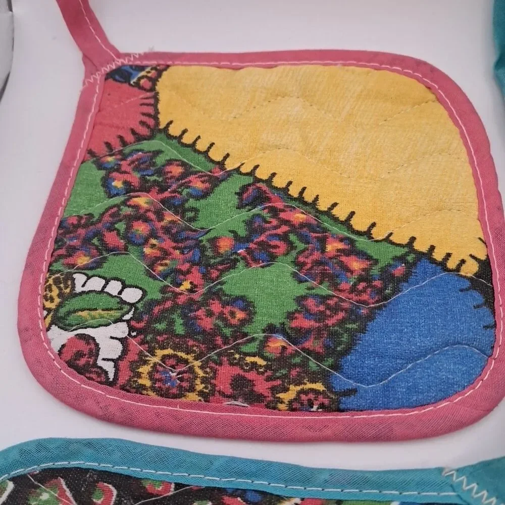 Set Of 4 Quilted Colorful Teal Aqua Pink Pot Holders Advertising Knoxville TN